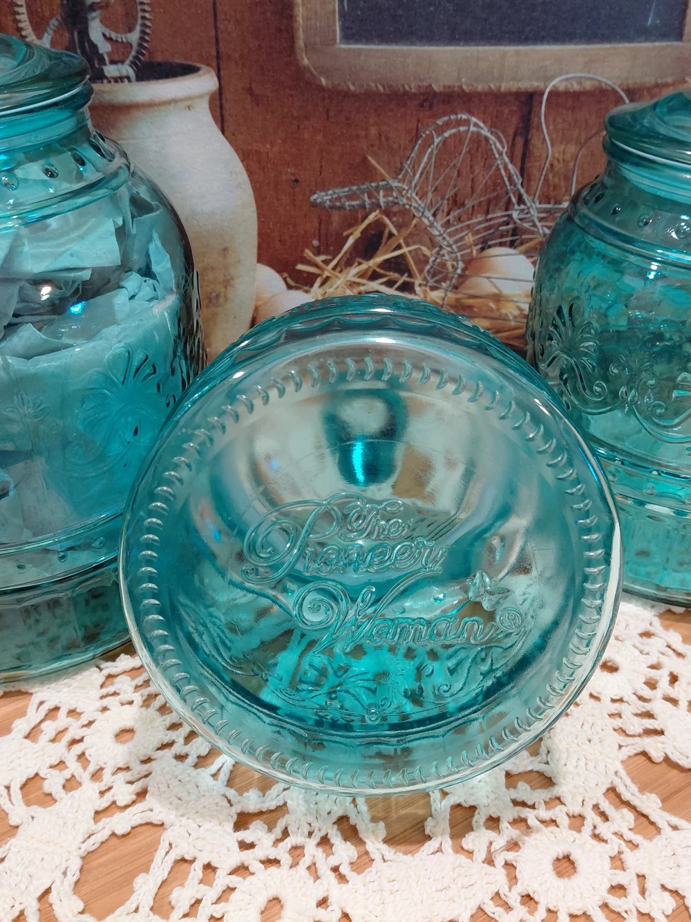 The Pioneer Woman Teal Cassie Embossed Glass Canister Trio with Lids